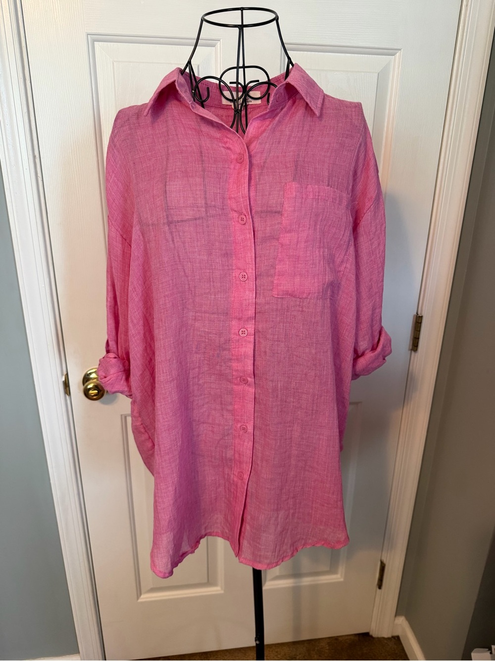 Relaxed Pink Button-Down Shirt with Chest Pocket